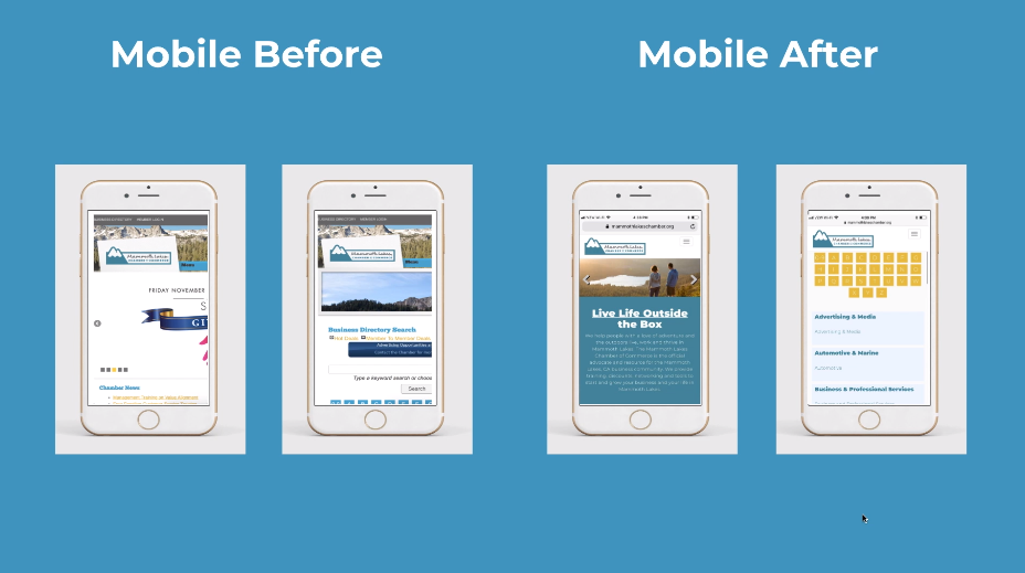 The Mammoth Lakes Chamber of Commerce's website before and after we redesigned it to be fully mobile-responsive