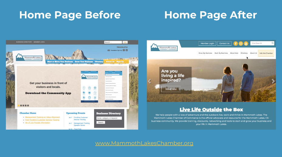 A screenshot of the Chamber's website before and after the redesign; the redesign version is a more modern, clean, branded look