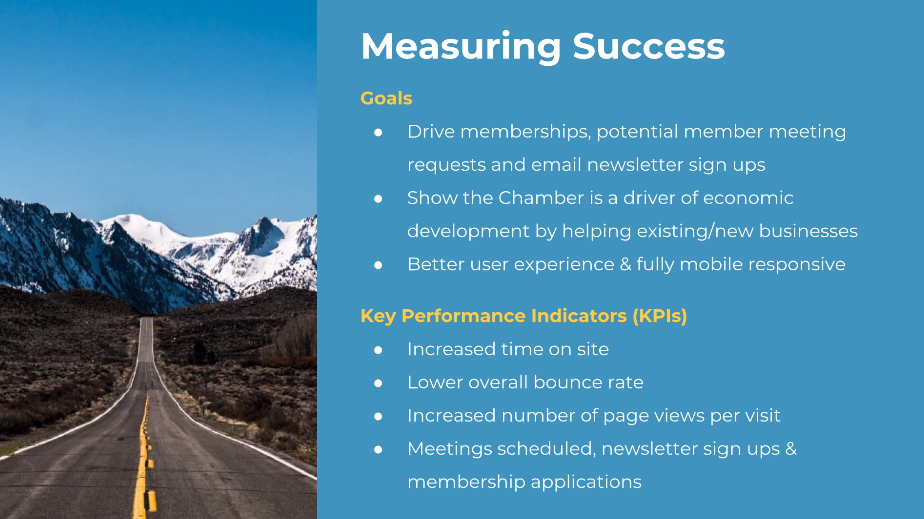 A slide showing how we'd measure success for this project including our goals and KPIs