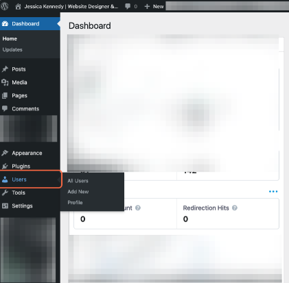 A screenshot of the WordPress admin dashboard showing where Users is listed