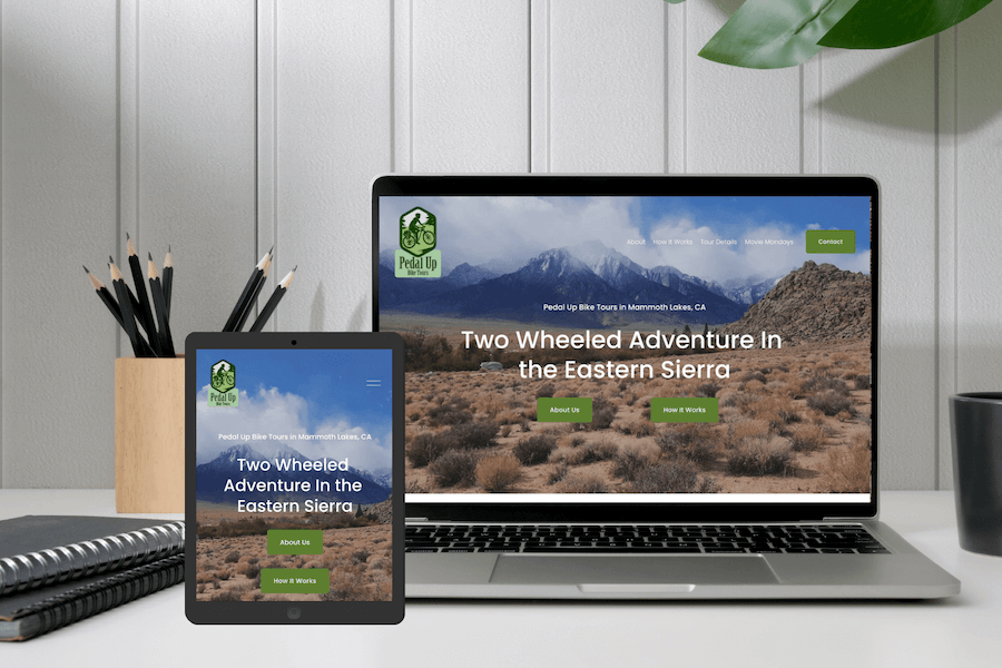 A mockup of Pedal Up Bike Tours' website on a laptop and a tablet showing the company's tagline "two wheeled adventure in the Eastern Sierra"