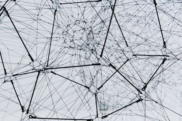 A graphic of a web of lines all connecting to show interconnectedness