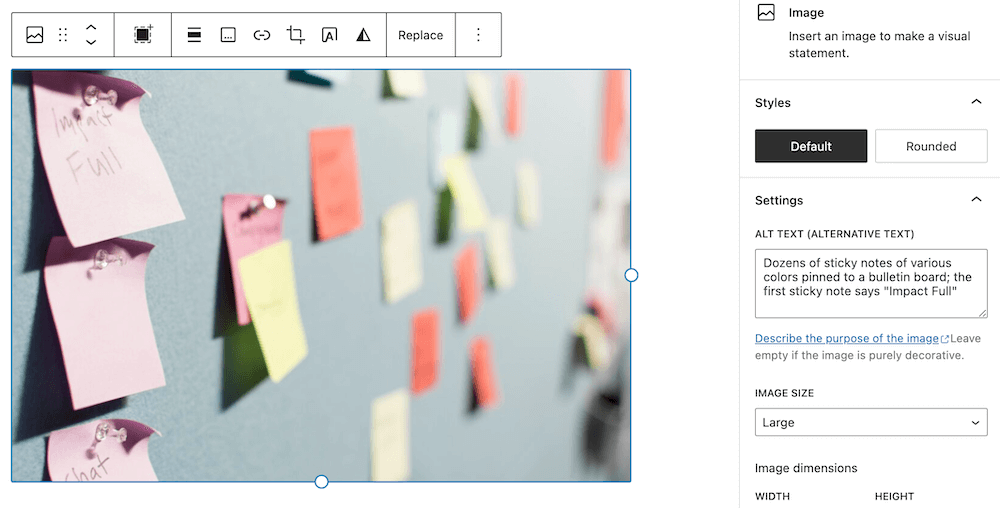 A screenshot of a photo of sticky notes pinned to a bulletin board with the WordPress Image Block settings to the right showing where the Alt Text box is